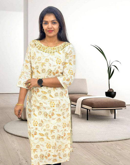 110424A (E3276) PRINTED HANDWORK KURTI - Yellow