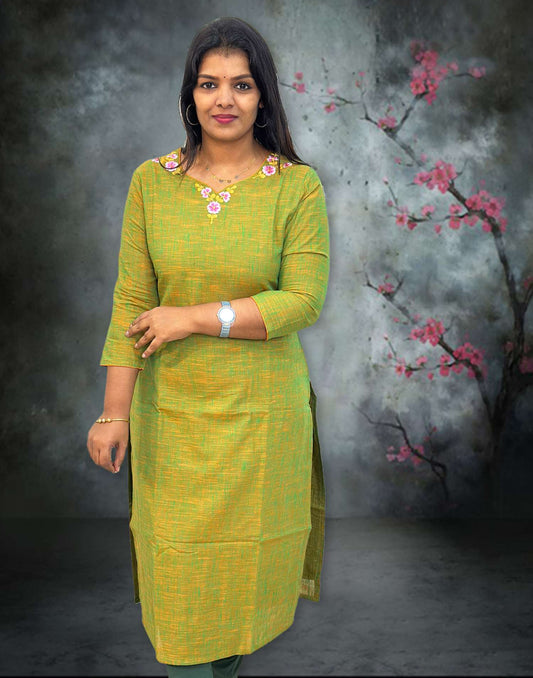 071224C (E4338) COTTON EMBROIDERY KURTI - Mehndi