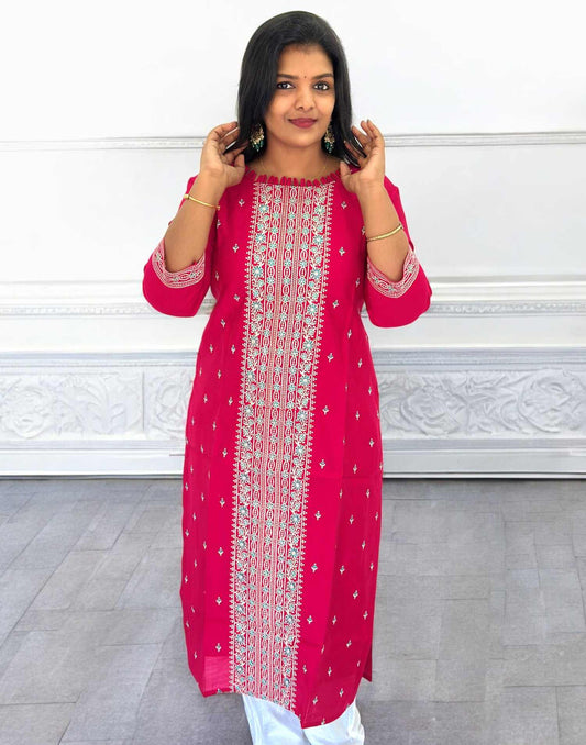 300325T (E5471) DESIGNER EMBROIDERY KURTI - Hot Pink