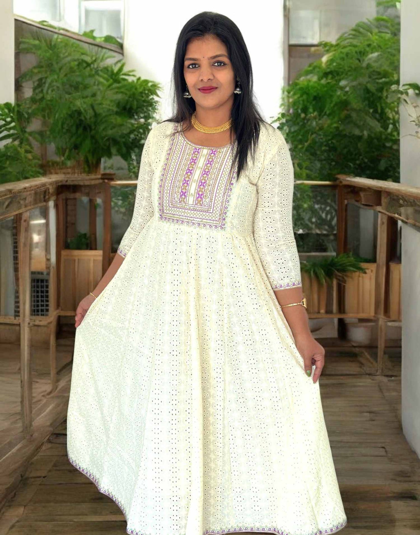 160225T (E5334) CHIKANKARI ANARKALI OFF WHITE - Lavender Small Flower