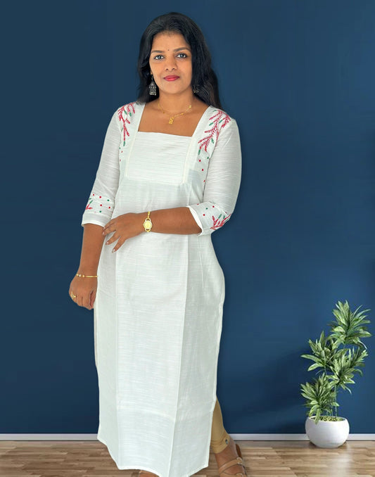 181224A (E4382) CHRISTMAS SPECIAL KURTI - White (Shoulder work)