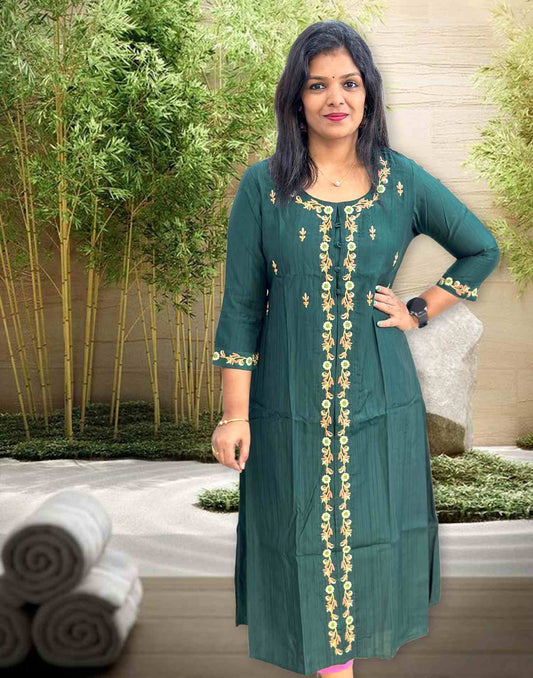 080724A (E3929) EMBROIDERY JACKET KURTI - Dark Green