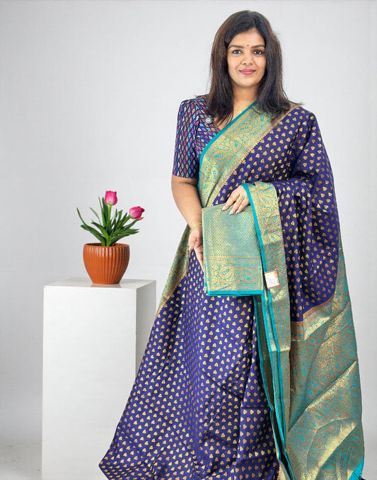 020126S (E6514) SEMI BANARASI SAREE - Dark Blue n Turkoish Blue