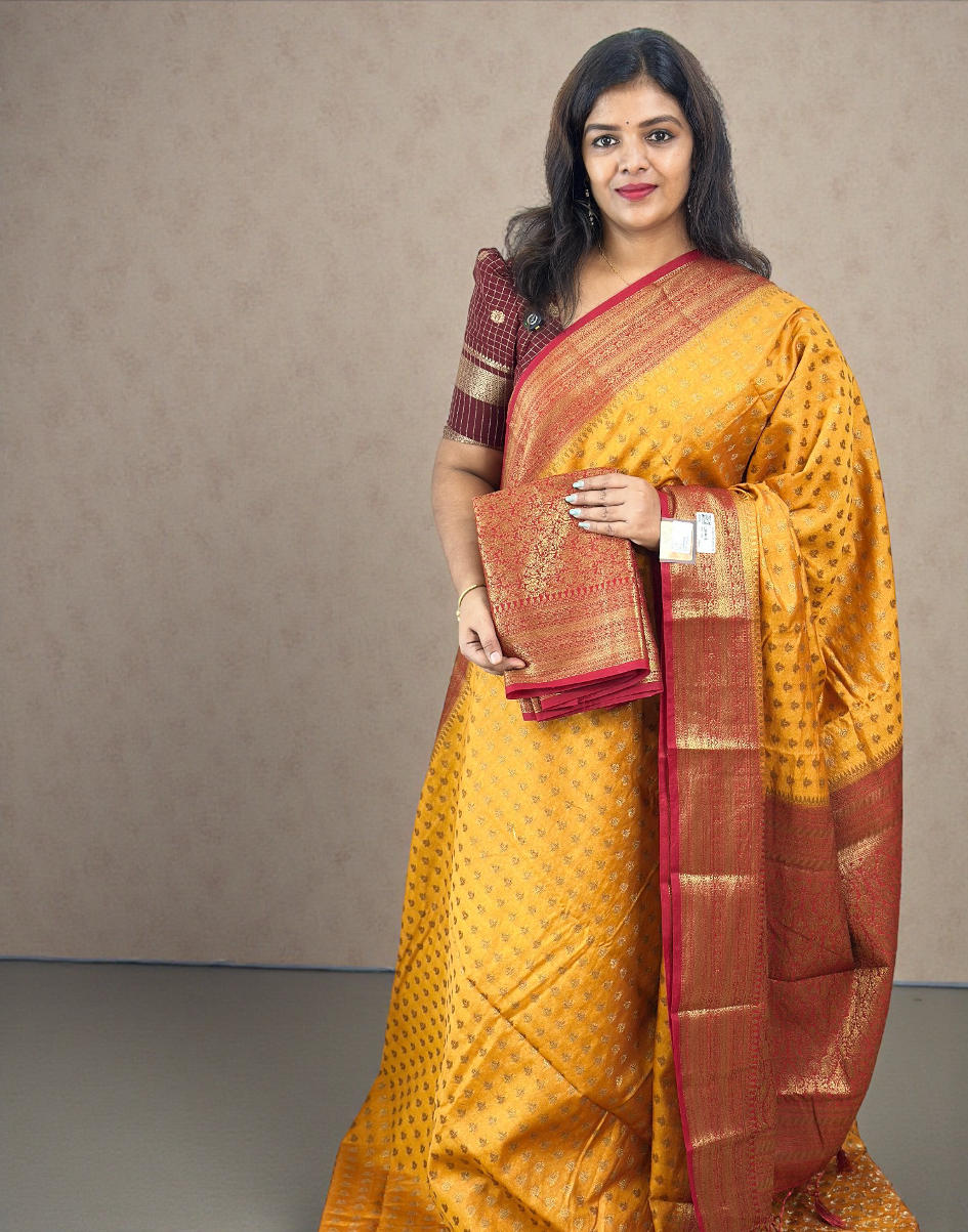 030126S (E6514) SEMI BANARASI SAREE - Yellow n Red