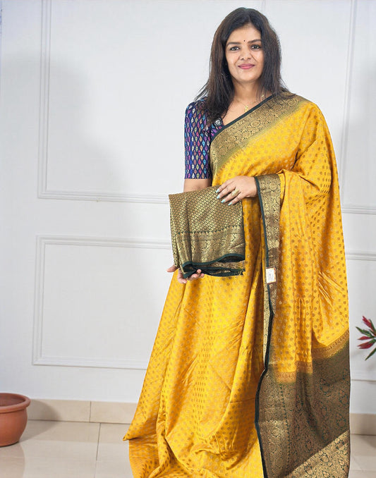 020126S (E6603) SEMI BANARASI SAREE - Yellow n Dark Green