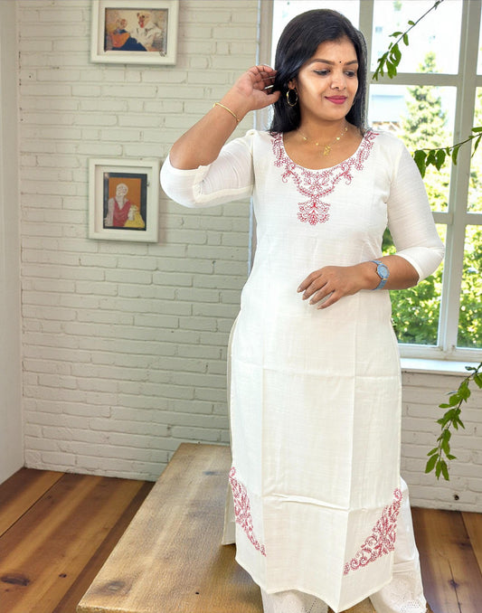 301125EK (E6637) CHRISTMAS SPECIAL EMBROIDERY KURTI - White