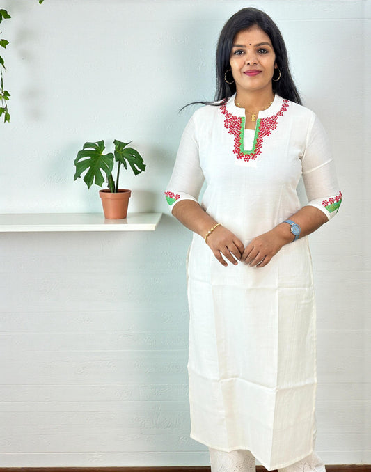 301125EK (E6638) CHRISTMAS SPECIAL COLLAR NECK KURTI - White