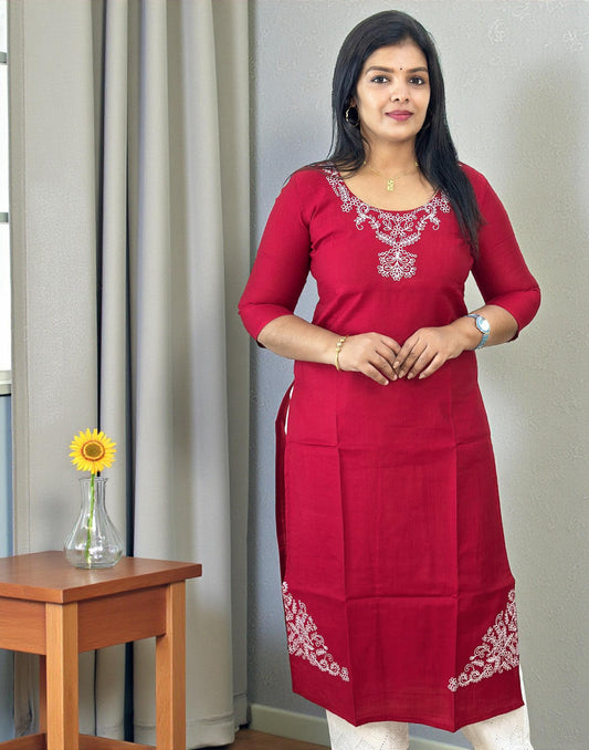 301125EK (E6637) CHRISTMAS SPECIAL EMBROIDERY KURTI - Reddish Maroon