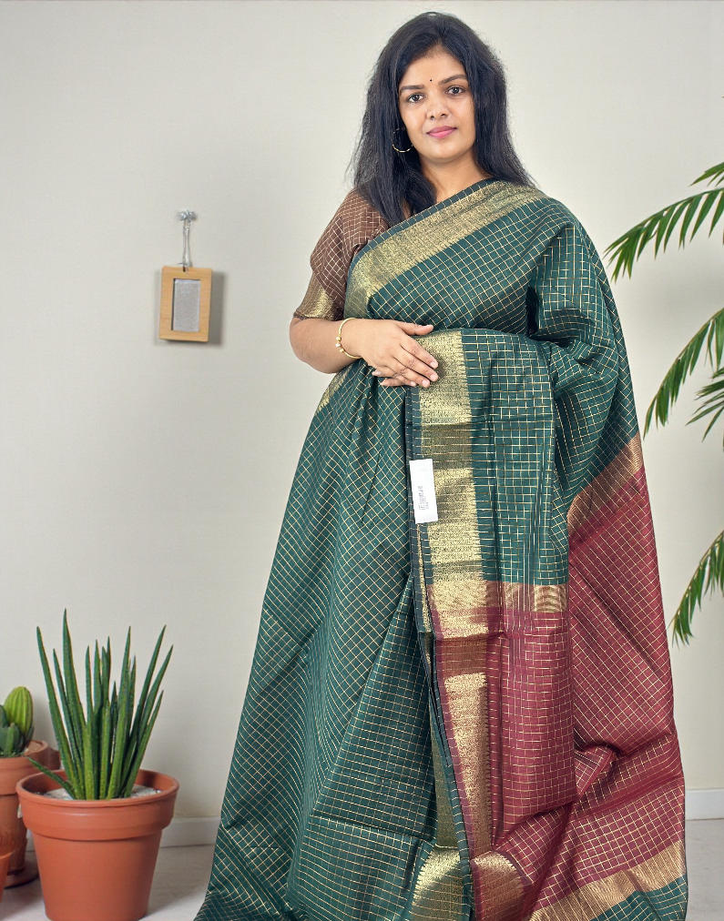 021225S (E6641) SEMI SILK SAREE - Dark Green n Maroon