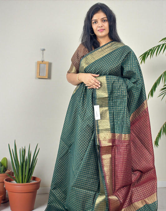 021225S (E6641) SEMI SILK SAREE - Dark Green n Maroon