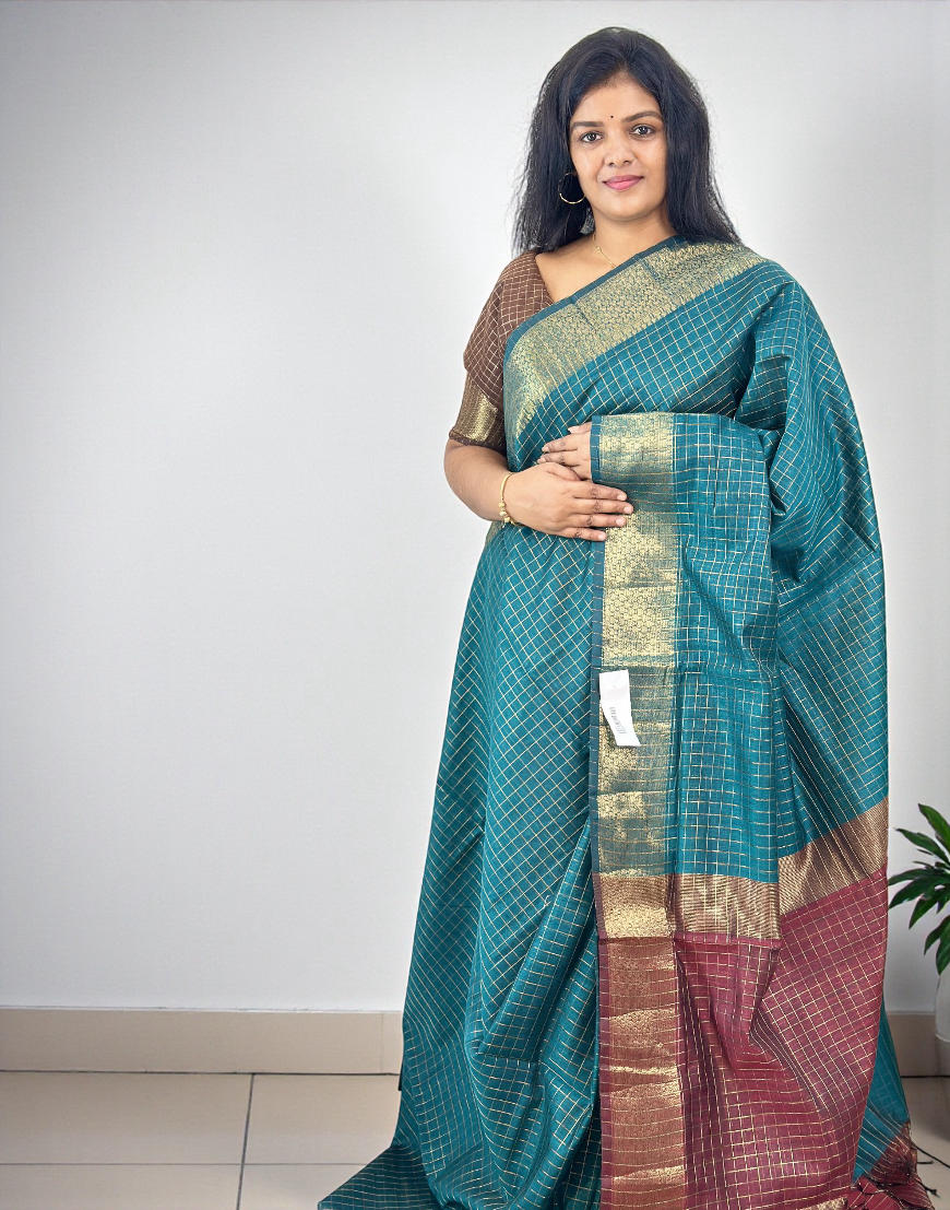 021225S (E6641) SEMI SILK SAREE - Peacock Green n Maroon