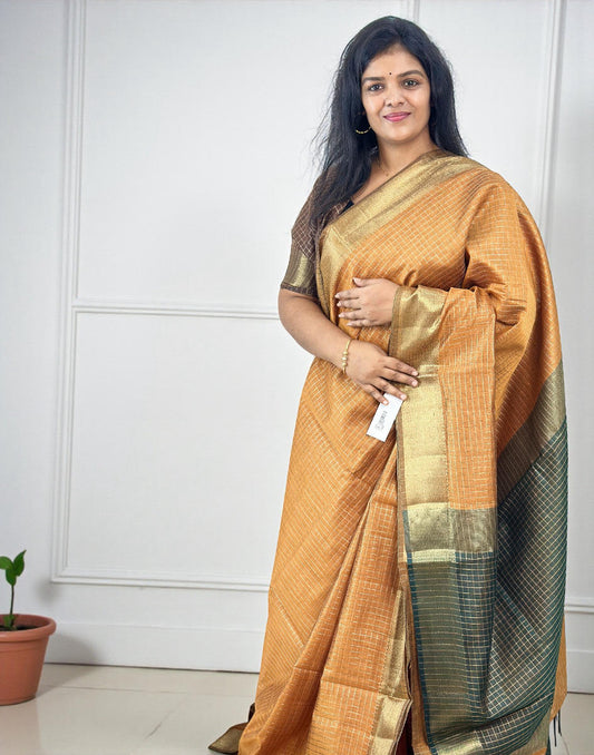 021225S (E6641) SEMI SILK SAREE - Yellow n Dark Green