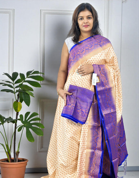 111225S (E6643) SEMI SILK SAREE - Cream n Electric Blue