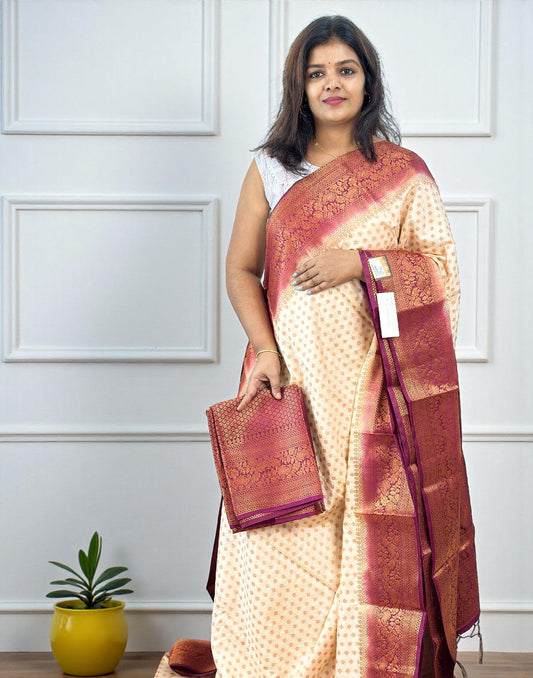 111225S (E6643) SEMI SILK SAREE - Cream n Wine
