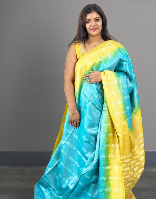 041225S (E6644) SEMI TUSSAR SAREE - Cyan n Yellow 2