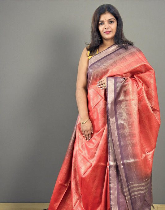 041225S (E6644) SEMI TUSSAR SAREE - Burned Orange n Dark Purple 1