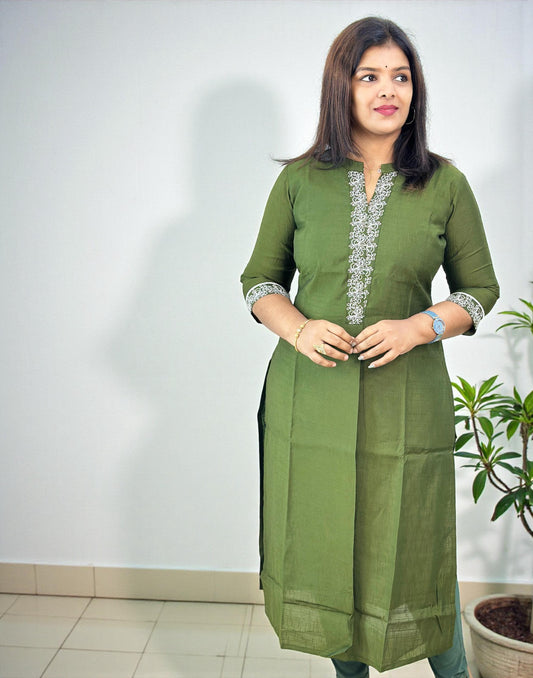 071225EK (E6648) EMBROIDERY KURTI - Olive Green