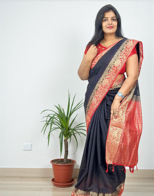 211125S (E6522) SEMI JUTE SAREE - Black n Red