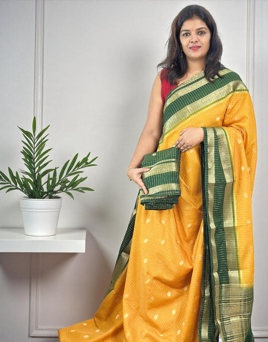 081225S (E6650) KHADI BANARASI SAREE - Mango Yellow n Green