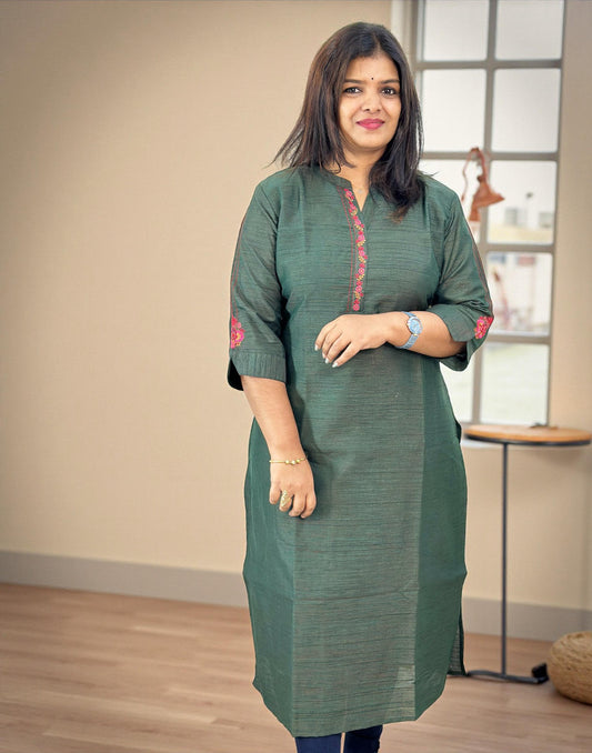 101225EK (E6647) EMBROIDERY KURTI - Green