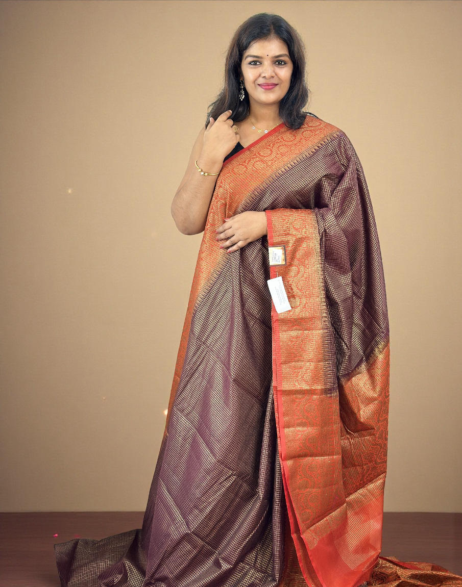 201225S (E6652) CHECK WOVEN SAREE - Dark Purple n Rust Orange