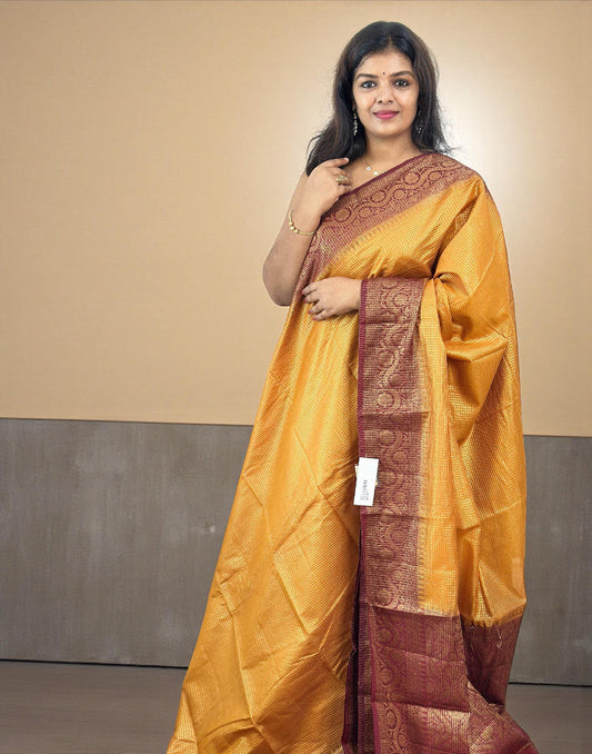 121225S (E6652) CHECK WOVEN SAREE - Mango Yellow n Maroon