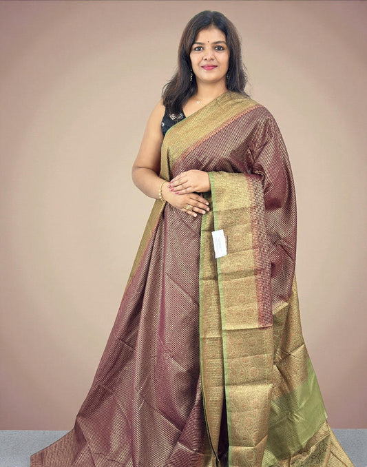 121225S (E6652) CHECK WOVEN SAREE - Coffee Brown n Green