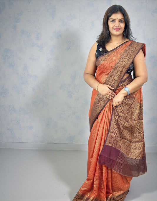 121225S (E6652) CHECK WOVEN SAREE - Rust Orange n Dark Purple