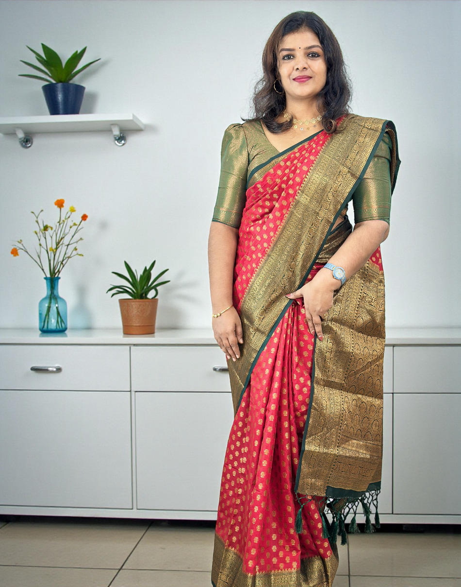 171225S (E6514) SEMI BANARASI SAREE - Cherry Red n Green 1