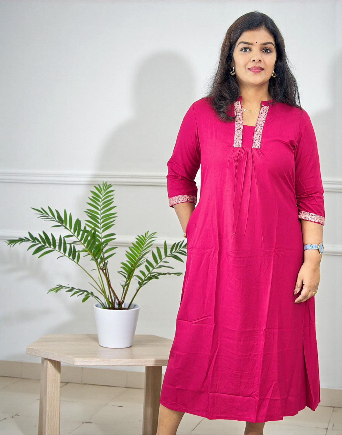 211225EK (E6669) EMBROIDERY KURTI - Cherry Red