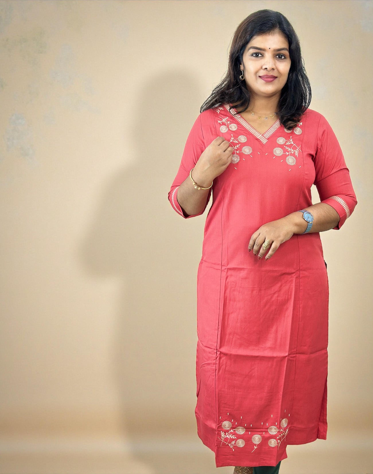 221225EK (E6668) DESIGNER EMBROIDERY KURTI - Dusty Peach