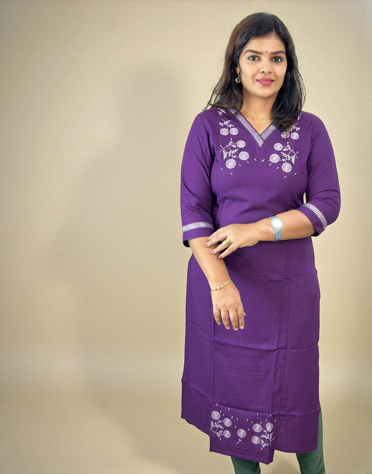 221225EK (E6668) DESIGNER EMBROIDERY KURTI - Dark Purple