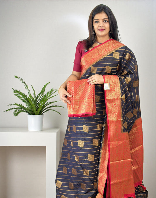 271225S (E6684) SEMI BANARASI SAREE - Black n Red