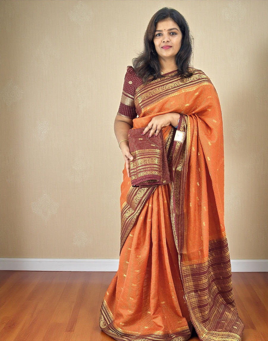 291225S (E6659) GEORGETTE BANARASI SAREE - Burned Orange n Dark Maroon