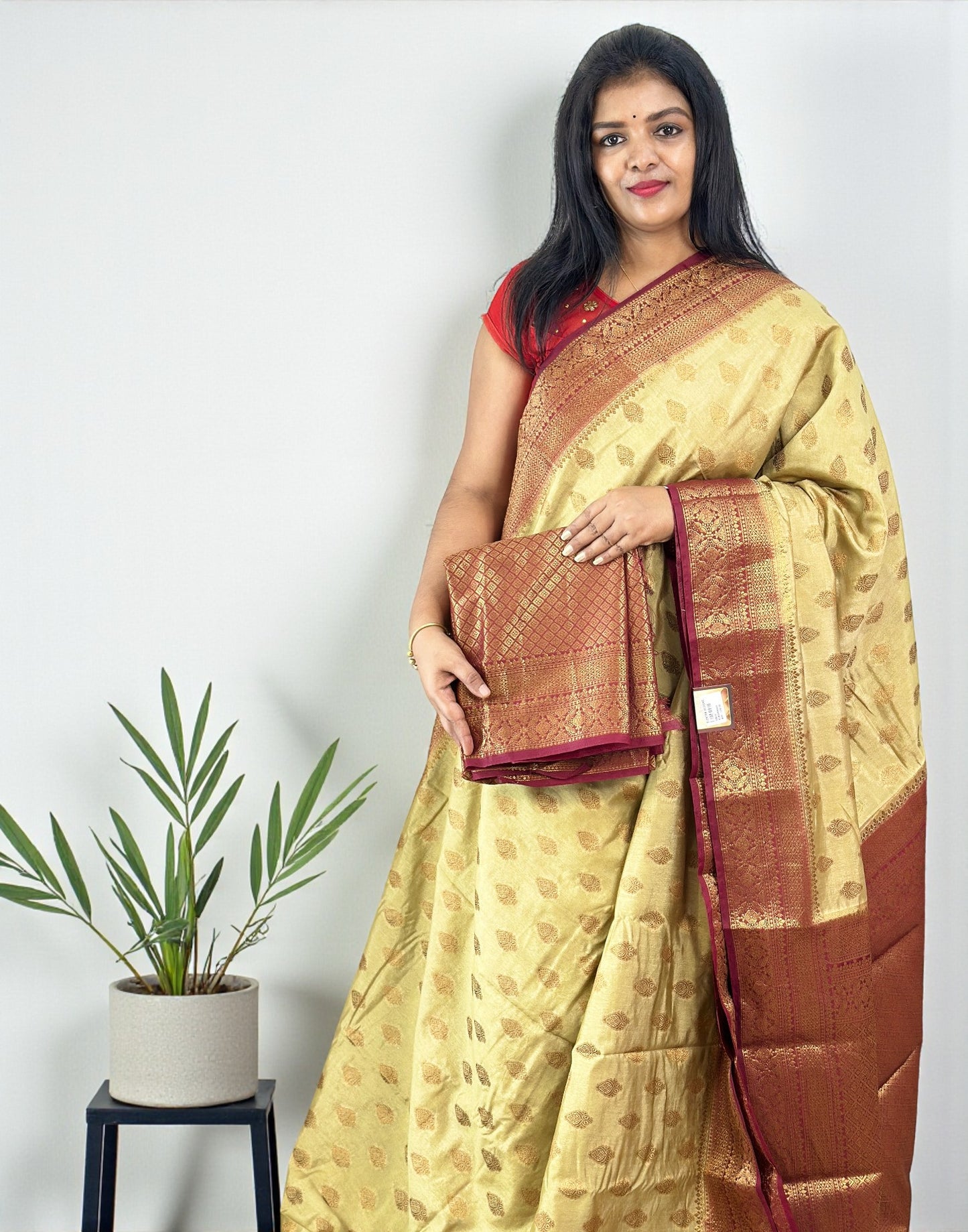 051125S (E6514) SEMI BANARASI SAREE - Chikku n Maroonish Wine
