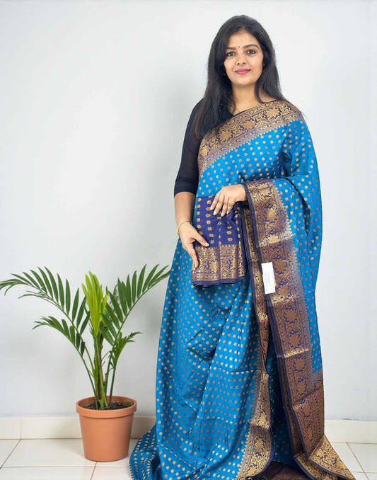 111125S (E6600) SEMI BANARASI SAREE - Kingfisher Blue n Dark Blue
