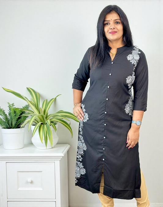 201125EK (E6631) DESIGNER EMBROIDERY KURTI - Black