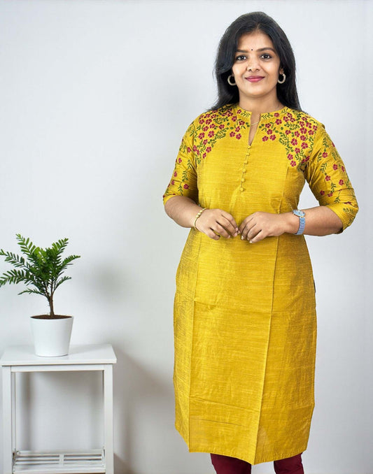 121125EK - DESIGNER EMBROIDERY KURTI - Mustard Yellow