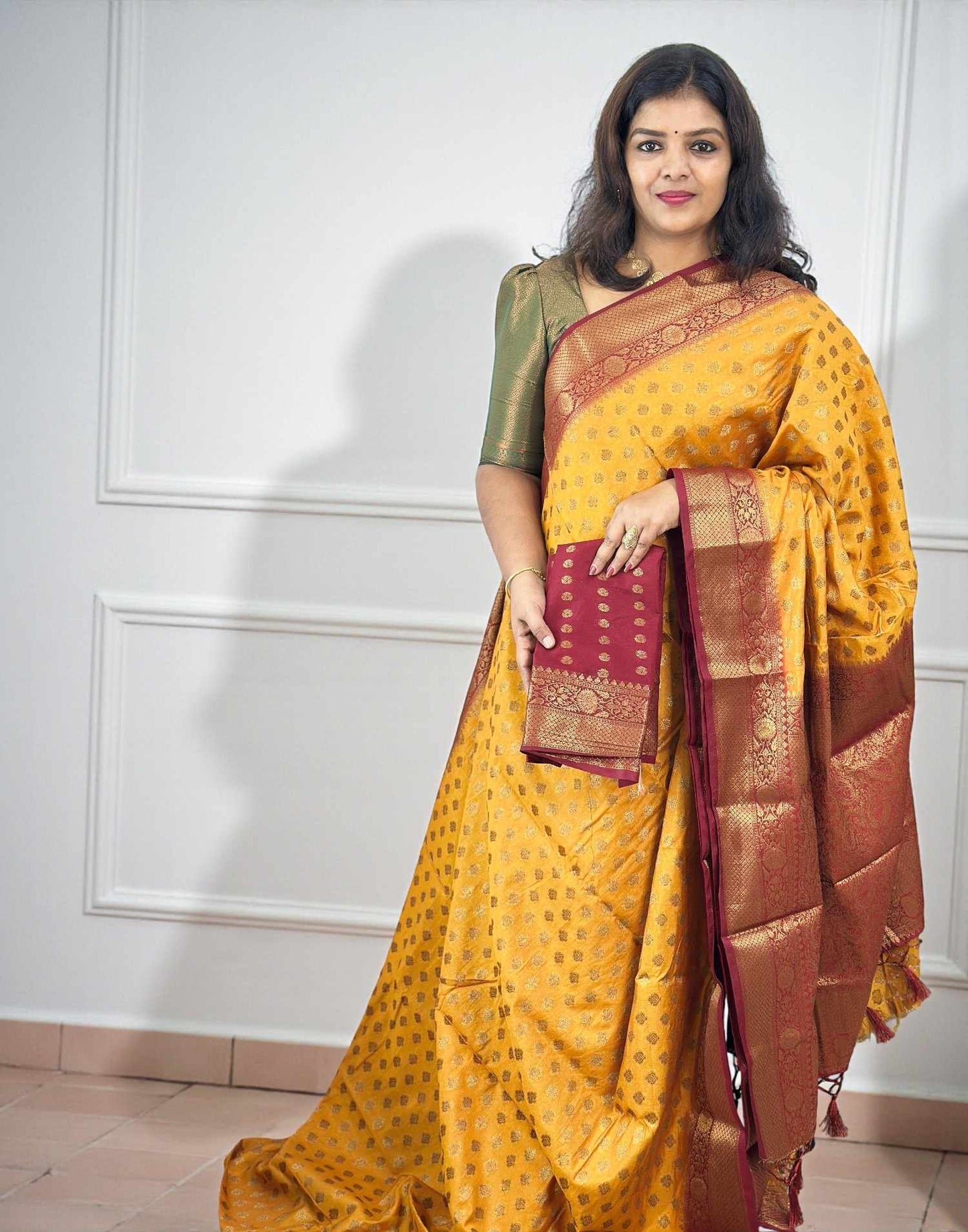 171225S (E6514) SEMI BANARASI SAREE - Mango Yellow n Maroon