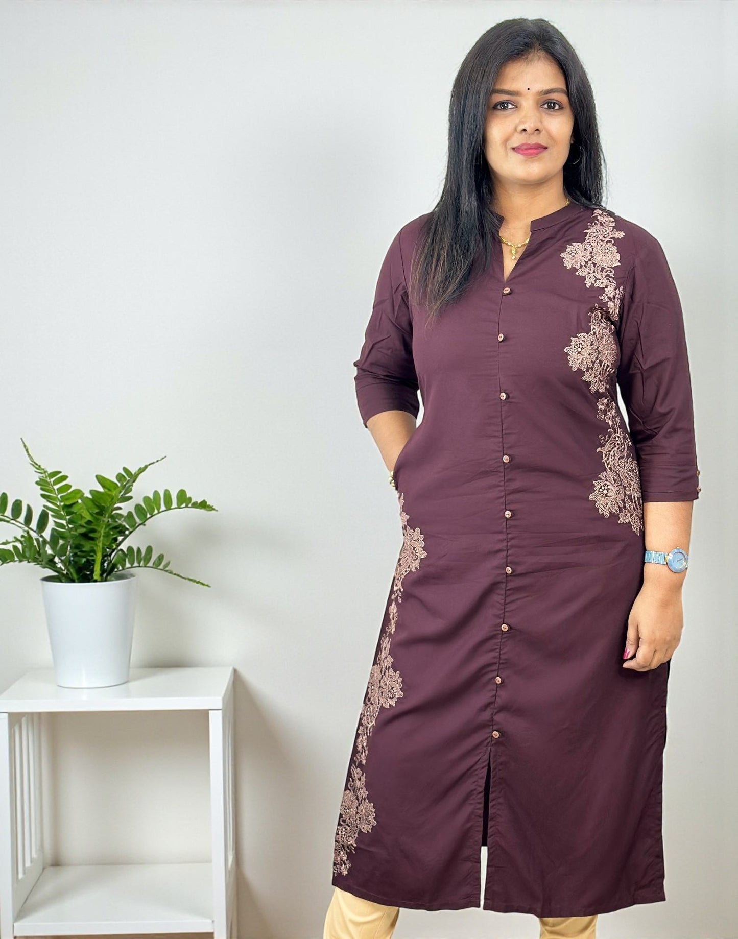 201125EK (E6631) DESIGNER EMBROIDERY KURTI - Dark Brown