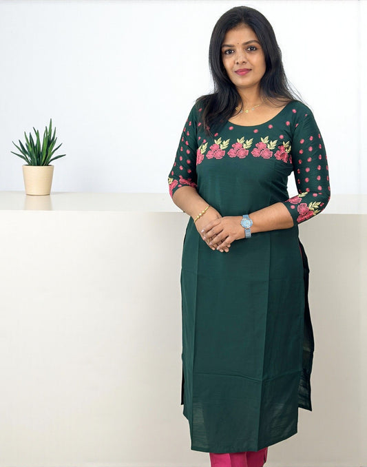 111125EK (E6616-E6617) DESIGNER EMBROIDERY KURTI - Dark Green