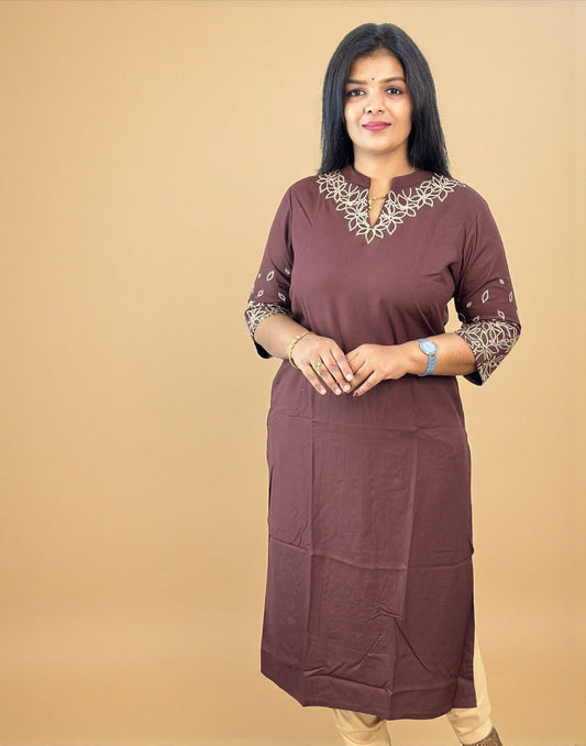 211125EK (E6630) DESIGNER EMBROIDERY KURTI - Coffee Brown