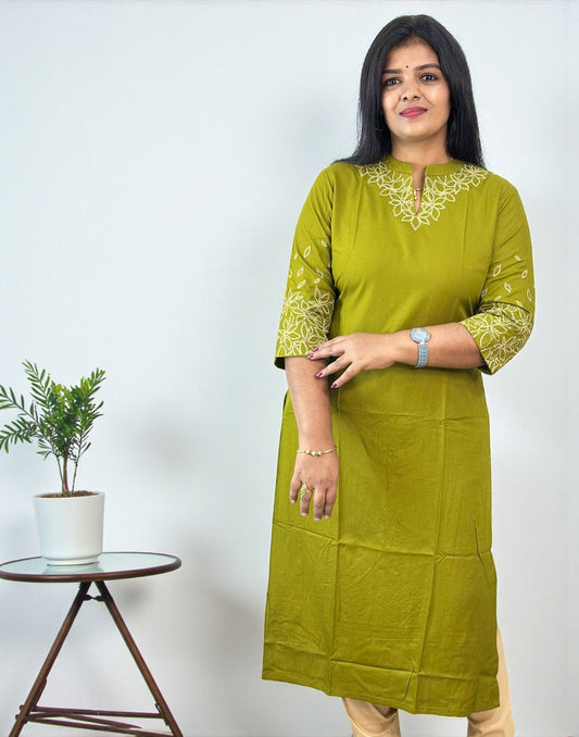 211125EK (E6630) DESIGNER EMBROIDERY KURTI - Olive Green