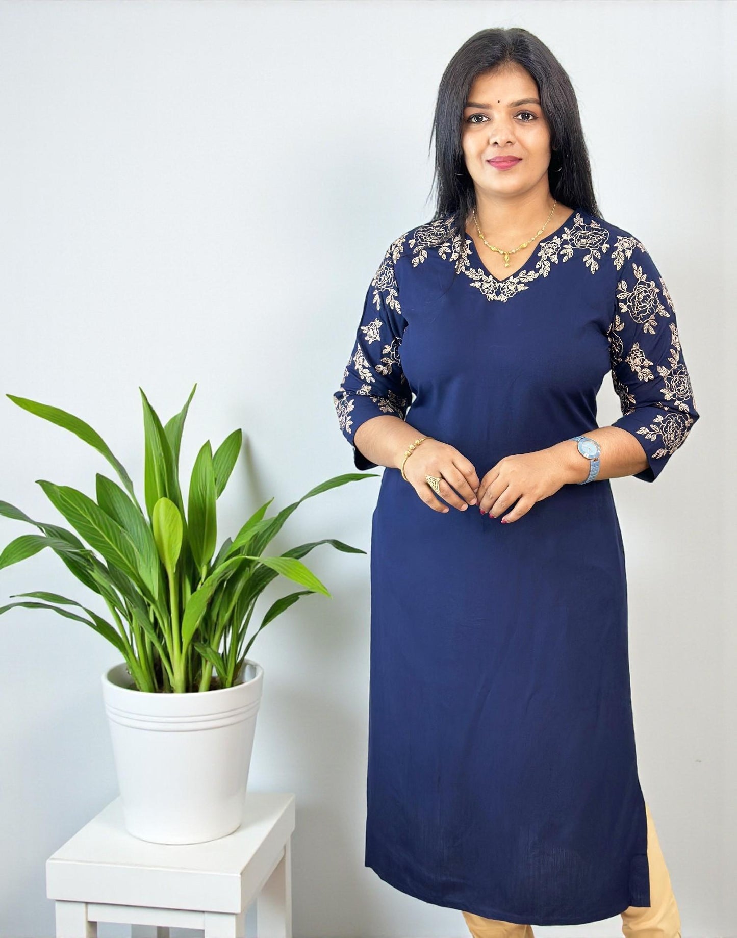 201125EK (E6631) DESIGNER EMBROIDERY KURTI - Dark Blue