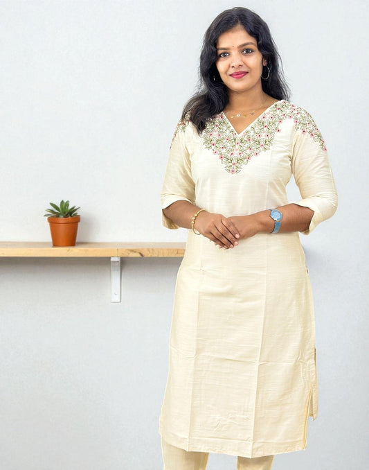 310825EK (E6450) DESIGNER EMBROIDERY KURTI - Cream