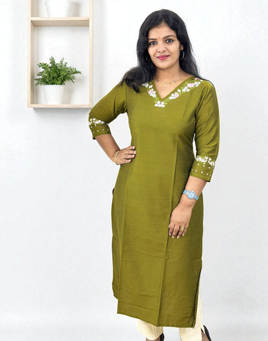 310825EK (E6263) DESIGNER EMBROIDERY KURTI - Olive Green