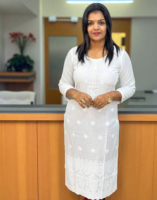 010824C (E3961) OFFER ZONE RAYON CHIKANKARI KURTI - White