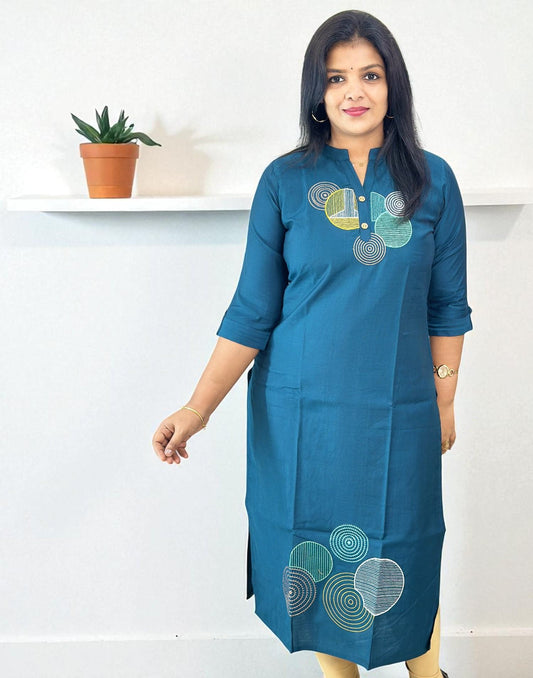 280825EK (E6451) EMBROIDERY KURTI - Peacock Blue