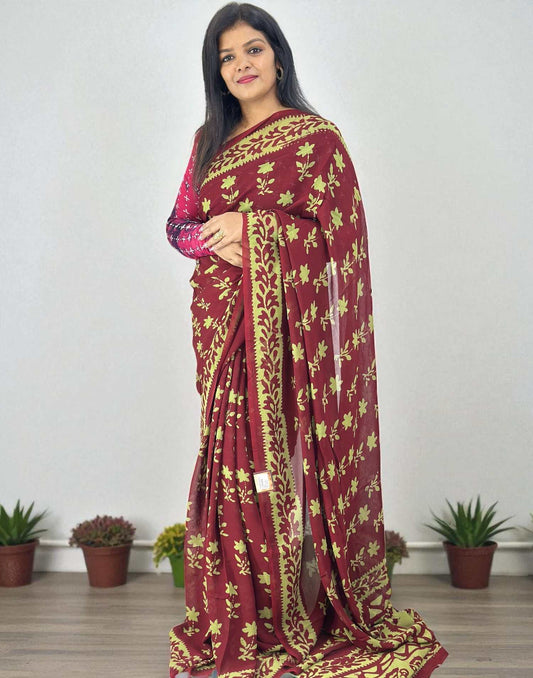 090825S (E6313) PURE GEORGETTE SAREE - Maroon n Green