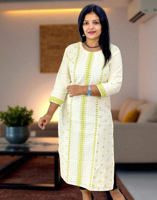 090825EK (E6319) ONAM SPECIAL SLITED KURTI - Cream n Green